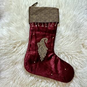 VTG Burgundy Velvet Gold Thread Paisley Brocade Crystal Bead Christmas Stocking